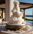 Elegant wedding cake with beach backdrop in Cabo San Lucas