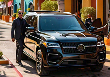 Private security guard in plain clothes standing next to an SUV in Los Cabos, Mexico.