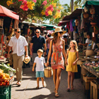 Family walking through a vibrant flea market in Cabo, Mexico, with a bald man in a black polo shirt and sunglasses following them.