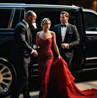 couple stepping out of a luxurious Escalade, with a man in plain clothes, a black jacket, white shirt, and black tie, holding the door open.